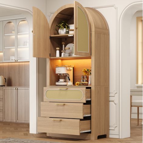 Armoire vitrine de rangement 80x35x180 cm blanc et naturel en MDF et panneaux de particules avec LED et portes en rotin (1/5)
