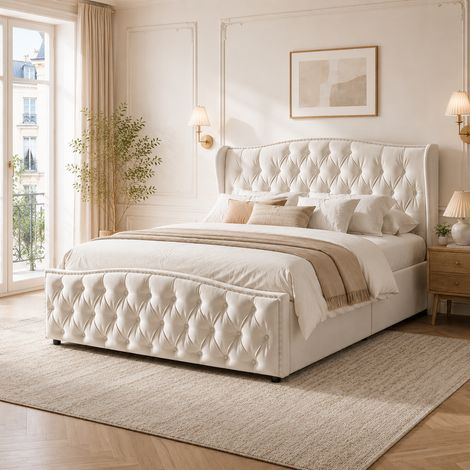 Lit coffre 140x200 cm avec sommier, lit double rembourré avec rangement hydraulique, lit 140x200 capitonné avec tête de lit cloutée design moderne confortable, velours beige (1/5)
