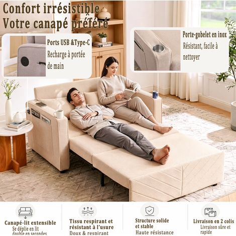 divano seduta letto relax USB beige tessuto legno OKMYHOME (1/5)