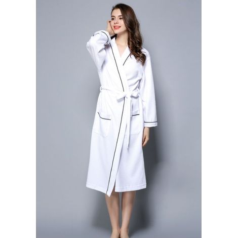 – Peignoir femme léger en coton gaufré pour spa et sauna – Confort optimal après le bain – Manches 3/4 – Blanc L (1/5)