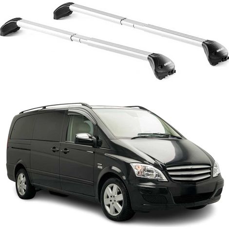 OMAC Barres de toit transversales certifiées TÜV pour Mercedes Viano Vito W638 W639 W447 1996-2026 – Verrouillables (4 antivols) – Charge max 100 kg – Sangle inox + protection caoutchouc Argent (1/4)