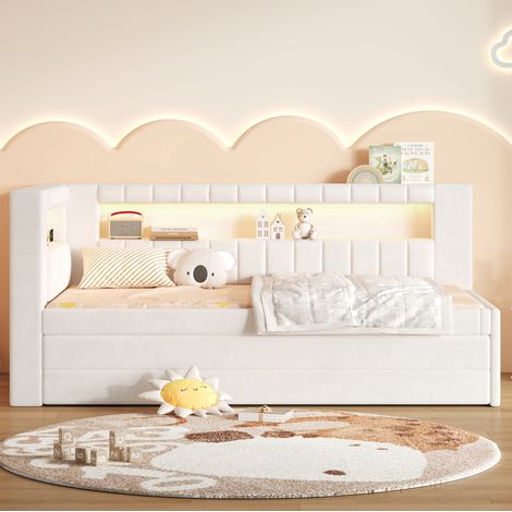 Cama individual tapizada 90x200 con cama nido, 3 cajones, LED y USB, blanca OKMYHOME (1/5)