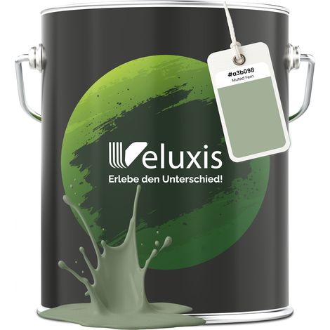 Pittura murale verde verde salvia opaca per interni – Copertura classe 1, senza COV, senza primer, a bassa gocciolatura – Soggiorno e camera da letto – 5 L – Veluxis (Muted Fern)