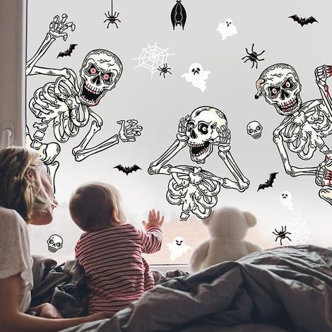 Autocollants pour fenêtres d'Halloween, décorations d'Halloween pour fenêtres : squelettes, fantômes et chauves-souris, autocollants amusants à fixer sur les murs lisses. (1/5)