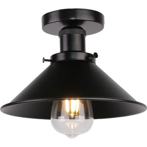 Plafonnier Vintage Rétro Lampe de Plafond Industrielle Fer Abat-jour 22cm Tout Noir (1/5)