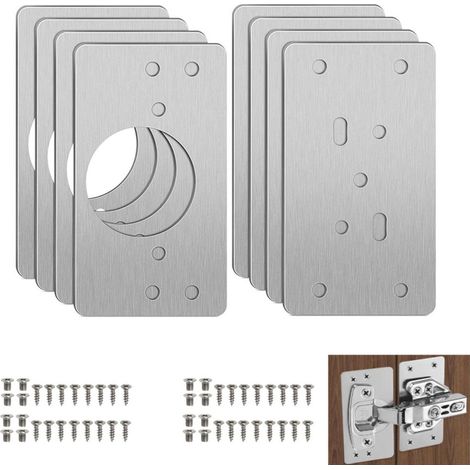 Lot de 8 plaques de réparation pour charnières de portes plates de meubles de cuisine (9 x 4,7 cm). Support en acier inoxydable avec trous et vis.