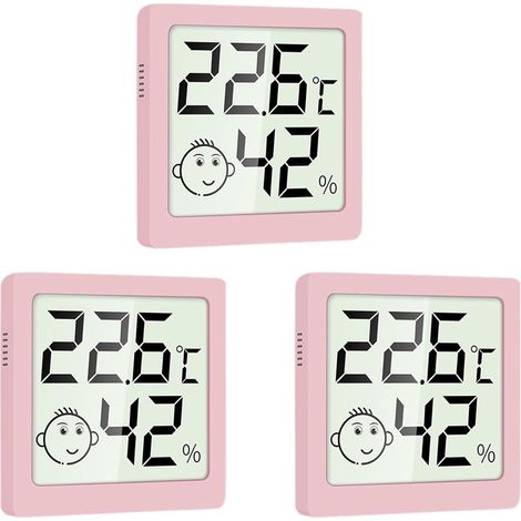3er-Set Mini-Thermometer und -Hygrometer für Zuhause, Kinderzimmer und Babyzimmer, umschaltbar, magnetisch mit Ständer, rosa