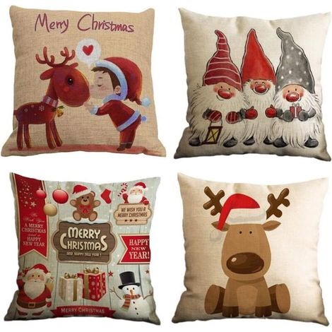 Kissenbezug-Set, 4er-Set aus Baumwolle und Baumwolle, bedruckt mit Weihnachtsmotiven wie Rentier, Weihnachtsmann, Schneemann und Zwerg, quadratischer Kissenbezug für Bett, Auto, Zuhause, Sofa, 45 x 45