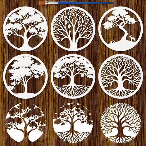 6Pcs Pochoir de Peinture D'Arbre Circulaire Avec Pinceau Pochoirs Ronds Réutilisables en Plastique pour Arbres de Vie 20x20cm pour Peinture sur Bois Meubles Décoration D'Intérieur (1/5)