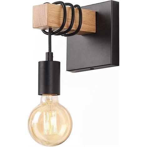 Applique murale industrielle en bois, style vintage E27, pour salon, chambre, salle à manger, couloir, bar, noir (sans ampoule) (1/4)