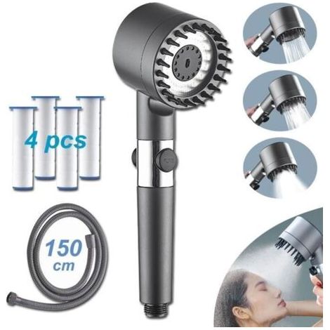(Argent)Pommeau de douche haute pression jet massage filtre 3 vitesses jet pommeau de douche - avec 4 filtres 150 cm tuyau de douche-Muntra (1/5)