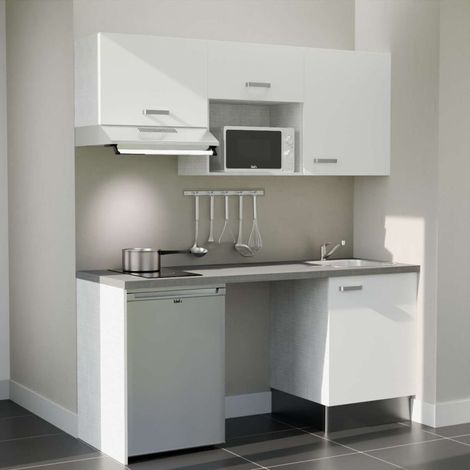 Kitchenette K55L-PT - 180 cm - plan stratifié, évier inox, - Façade Blanc - Plan Gris béton - Evier Inox - Crédences Non + Electroménager inclus coloris Inox (1/5)