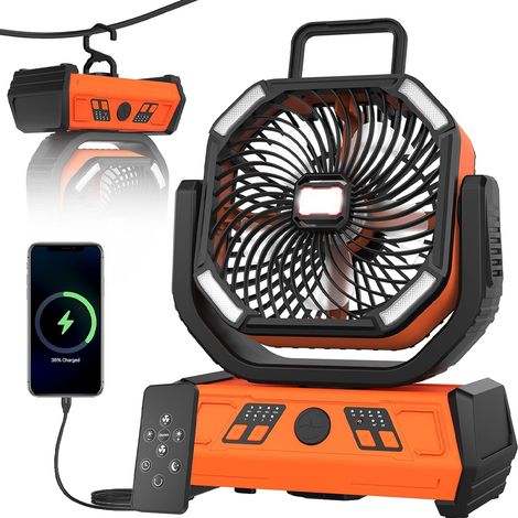 Ventilateur Camping, Vent à 4 Vitesses, Pour Bureau, Camping, Orange Noir  10400mah USB Ventilateur Avec Lumière,  Avec Télécommande Et Crochet (1/5)