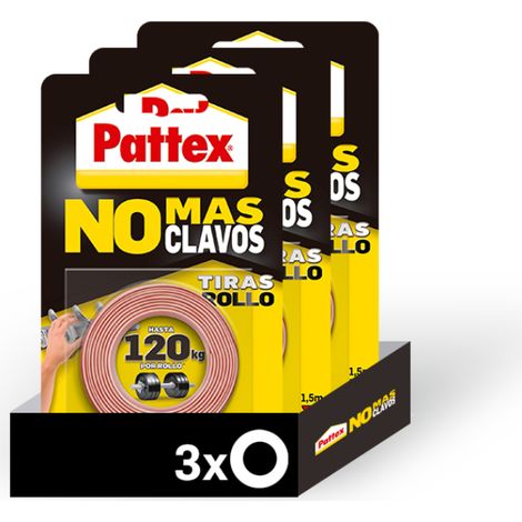 Pack de 3 unidades Cinta Doble Cara Pattex No Mas Clavos de 1,5 Metros cada una. Cinta adhesiva de aplicación permanentes de 19 Milímetros. Cinta de Doble Cara resistente a alta temperatura (1/5)