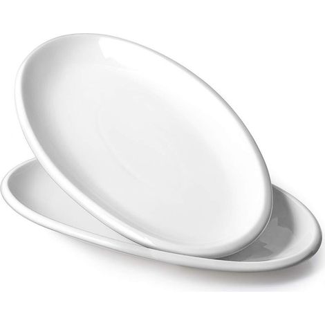 TuseRxln Assiette à déjeuner - Assiette de petit-déjeuner - Assiette de service ovale 35,6 cm en porcelaine adaptée au four et au lave-vaisselle - 2 pièces - Pour assiette à dîner Blanc doux (1/5)