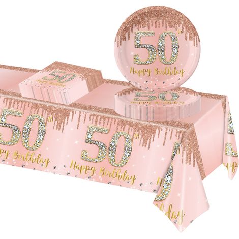 37 Pièces Assiette Vaisselle Jetable Anniversaire Kit, Noir Or Decoration Anniversaire Vaisselle 50 Ans Garçon Fille, Nappe Papier Assiette Serviette pour Decoration Anniversaire 50 Ans Cadeau (1/5)