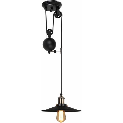 – Lustre à poulie vintage industrielle noir – Lampe suspendue E27 ajustable – Design rétro pour cuisine, salon, salle à manger (1/4)