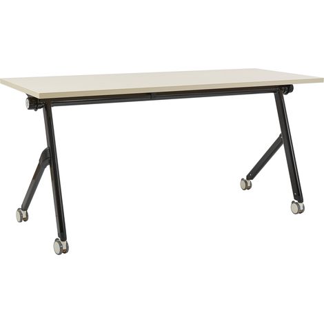 Escritorio rectangular moderno plegable con ruedas mesa móvil portátil estructura metálica 160 x 60 cm madera clara y negro Bendi