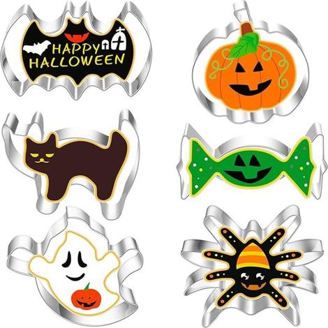Juego de 6 cortadores de galletas de Halloween, cortadores de acero inoxidable para decoración de galletas, pasteles y repostería, 6 formas (1/5)