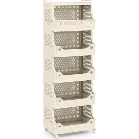 Panier à linge roulant 6 niveaux blanc en plastique avec crochets, 4 roues et cadre pliable pour buanderie, salle de bain et chambre (1/5)