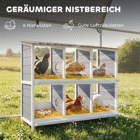 Nichoir surélevé en bois pour poules pondeuses, 6 cases et 2 perchoirs, adapté au petit poulailler, 102 x 50 x 91 cm, gris.