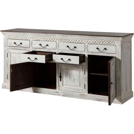 Massivmoebel24 – Buffet en bois de manguier et acacia blanc ciré 200x45x90 – Style Shabby Chic – Plateau supérieur marron foncé – Détails fraisés