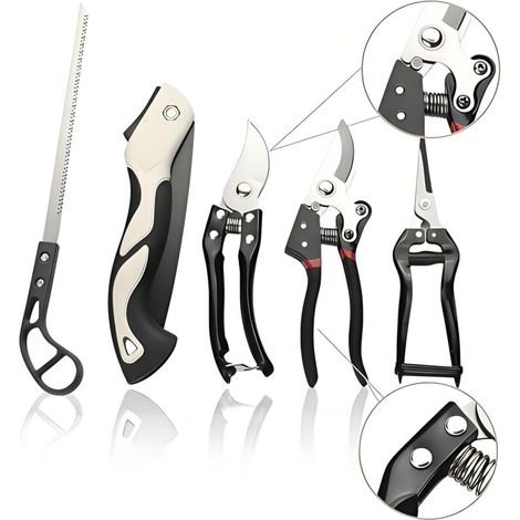 Cet ensemble d'outils de jardinage en cinq pièces comprend trois sécateurs et deux scies pliantes, tous équipés de lames tranchantes en acier inoxydable.
