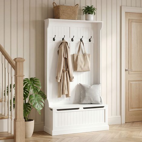 Banc d'entrée multifonction 3 en 1 (porte-manteau, siège et 5 crochets), banc de rangement pour salon/entrée, 96 x 34 x 179,7 cm, couleur crème (1/5)