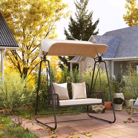 Columpio de jardín Hollywood de ratán para 2 personas con toldo y cojines, soporta hasta 240 kg, 149 x 121 x 180 cm, color caqui. (1/5)