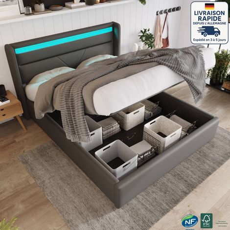 Lit coffre 140x200 cm, Lit doubles pour adultes/enfants, hydrauliques, LED, PU, sans matelas, gris foncé (1/5)