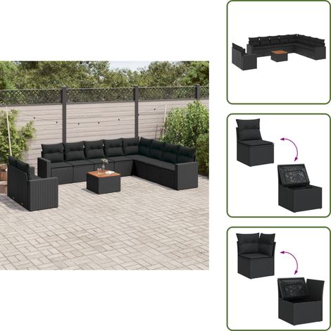 11-tlg. Garten-Sofagarnitur mit Kissen Schwarz Poly Rattan - Gartenmöbel Set - Esszimmergarnitur Outdoor - Lounge Möbel - Rattan Gartenset - Balkonmöbel (1/5)