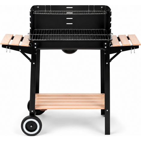 Barbecue A Carbone Con Paravento Antivento Griglia Cromata Ripiani Laterali In Legno Ganci Porta Accessori Ruote Integrate Per Giardino Terrazzo E Campeggio 94 x 40 x 84 Cm Nero (1/5)