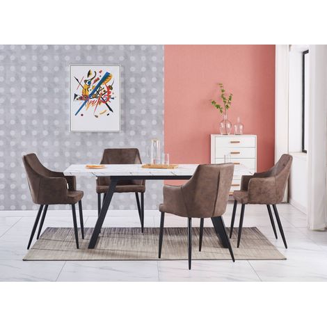 Juego de comedor Toga LUX Zarah: mesa de comedor extensible blanca y juego de 4 sillas de comedor de cuero marrón oscuro - Comedor Cocina (1/5)