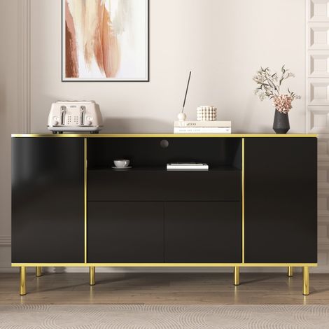 Buffet noir brillant 150 x 40 x 80 cm avec LED, 4 portes, 1 tiroir, grand rangement et pieds dorés, meuble moderne (1/5)