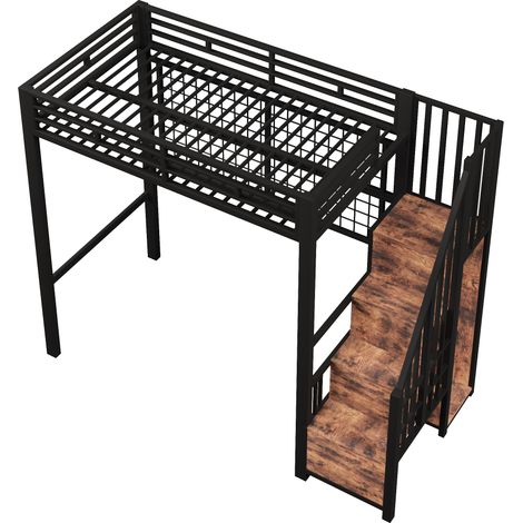 Cama alta 90 x 200 cm de metal y MDF negro con armario, escalera de almacenaje y LED de 7 colores (1/5)