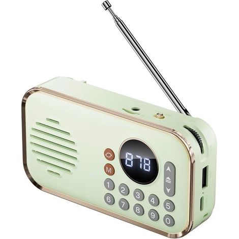 Radio FM portátil recargable, pequeño altavoz inalámbrico Bluetooth, sonido estéreo envolvente, USB, radios vintage, verde claro (1/5)