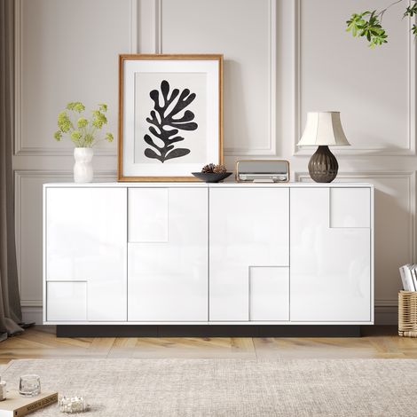Buffet de salon blanc et noir, 160 cm de large, 37 x 75,5 cm, 4 portes, armoire haute brillance, meuble bas géométrique, grand espace de rangement inclus. (1/5)