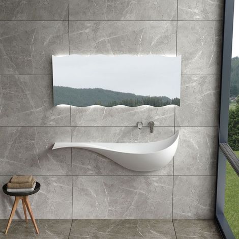 Distribain – Vasque suspendue en solid surface 1200x350x390mm – Finition mat – Bonde push&up incluse – Design asymétrique moderne (1/4)