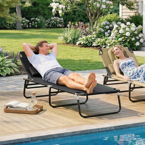 Fauteuil de plage pliant inclinable avec trou de lecture, chaise longue pliante, siège de jardin noir (1/5)