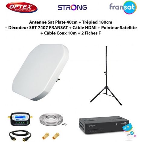 Antenne Sat Plate 40cm + Trépied 180cm + Décodeur SRT 7407 FRANSAT + Câble HDMI + Pointeur Satellite + Câble Coax 10m + 2 Fiches F (1/5)