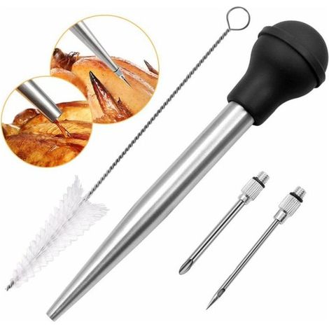 Poire à Jus en Acier Inoxydable 304 et Caoutchouc, Poires à Sauce Seringue Alimentaire Aiguille d'Injection avec Brosse de Nettoyage pour Cuisson BBQ (1/5)