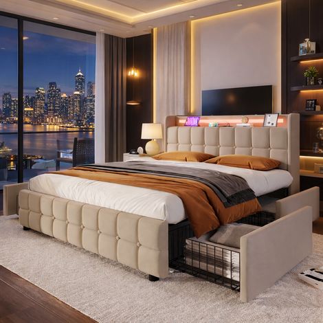 Lit rembourré 160x200 cm - 4 tiroirs - avec chargement USB et Éclairage LED - lit double avec sommier à lattes - cadre de lit avec rangement - tissu en lin - beige (1/5)