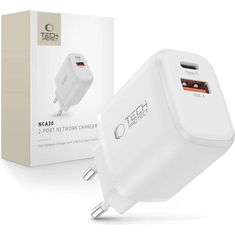 Tech-Protect NCA30 PD 30W QC3.0 USB-A / USB-C Wandladegerät – Weiß