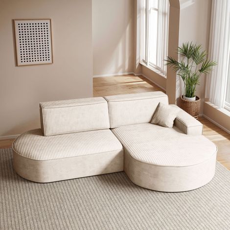 Canapé d'angle droit convertible 4 places MARLO en velours cotelé - Beige (1/5)