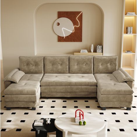 Canapé convertible en U en chenille camel 278x127x87 cm avec lit d’appoint et port USB (1/5)