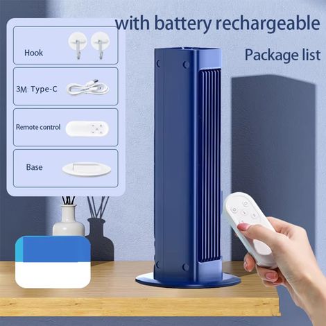 Ventilateur tour mural sans pales avec télécommande, flux d'air puissant réglable pour l'été, idéal comme ventilateur de bureau ou climatiseur-Prise bleue rechargeable (1/5)