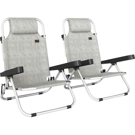 Lot 2 chaises longues pliantes inclinables 4 positions appui-tête aluminium 62x61x80 cm gris, set 2 transats aluminium gris 4 positions
