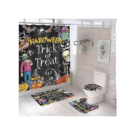 Gruseliges Halloween-Duschvorhang-Set, 180 x 180 cm (71 Zoll x 71 Zoll) Halloween-Badezimmer-Deko-Set – Duschvorhang mit Matte, WC-Deckelbezug, Badematte – Halloween