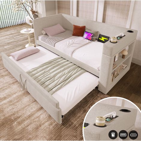 Cama diván tapizada 90x190 cm beige, algodón y lino, con cama nido, USB/Type-C, portavasos y estantes laterales (1/5)