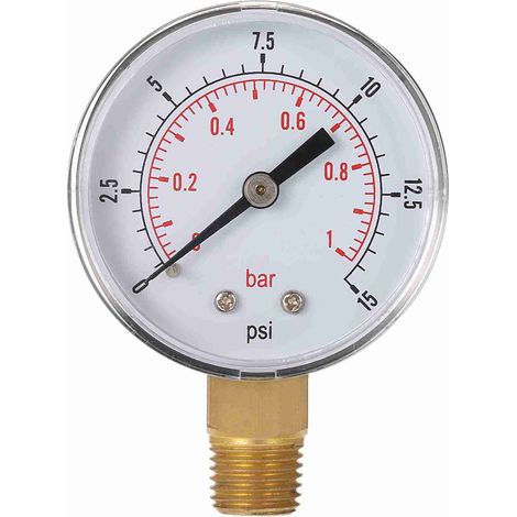 Manomètre hydraulique à cadran pour filtre de piscine 50mm - Mesure pression eau et air (double échelle bar/psi) - Connexion 1/4" NPT - Boîtier métal (1 unité) (1/5)